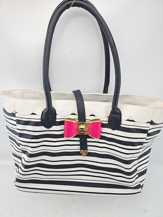 Betsey Johnson Handbags - Betsey Johnson Black & White Striped Tote with Pink Bow